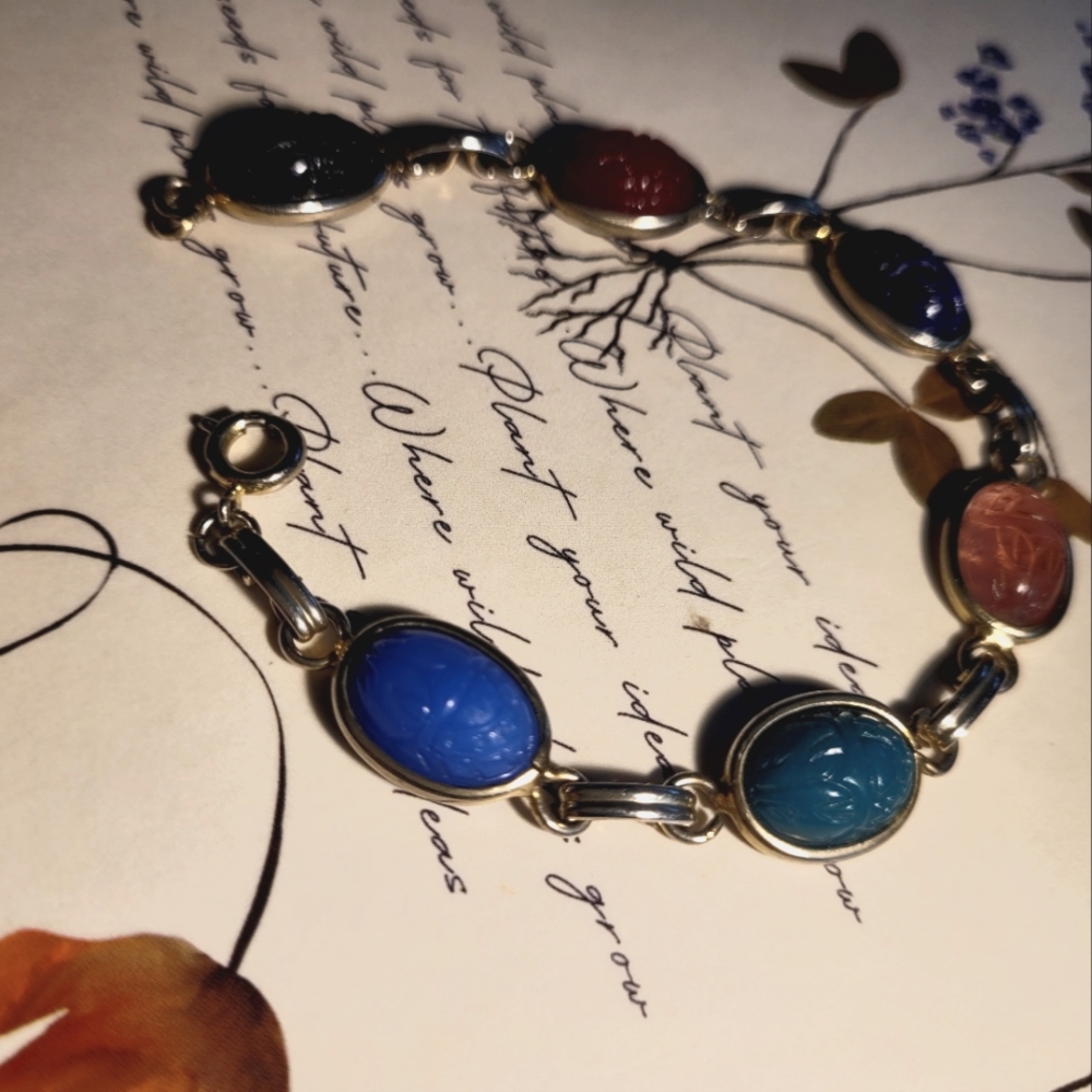 6 stone Glass Scarab "Good vibes" goldtone Bracelet